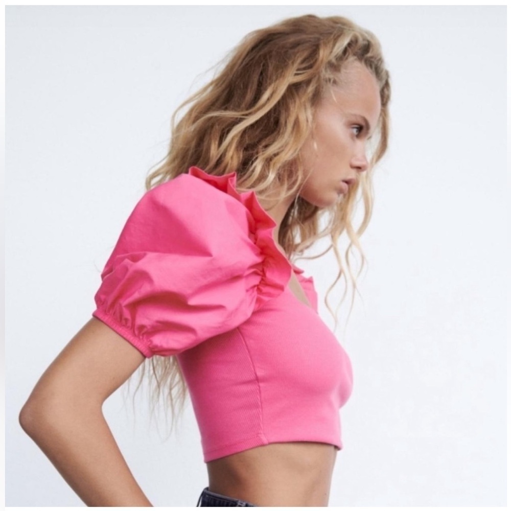ZARA Pink Puff Balloon Sleeve Ribbed Crop Top Sz S Ruffle Feminine - Picture 12 of 12